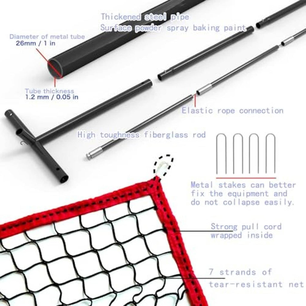 Close-up of steel tubing frame and black net edge with tear-resistant mesh
