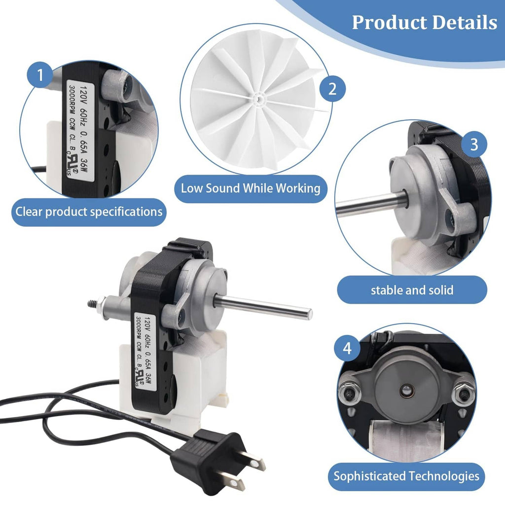 Bathroom vent exhaust fan motor kit showing fan wheel, motor housing, and wiring