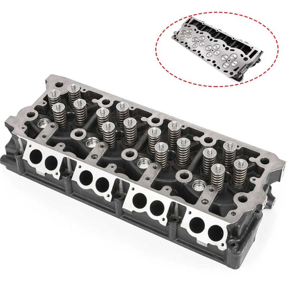 Diesel cylinder head casting with valve springs and machined ports, black and silver metal