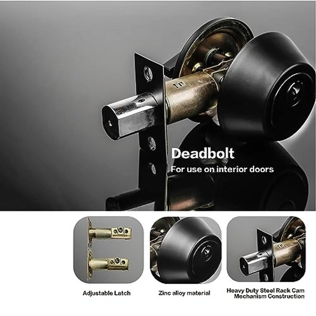 Matte black deadbolt lock with key cylinder, latch hardware, and mounting plate