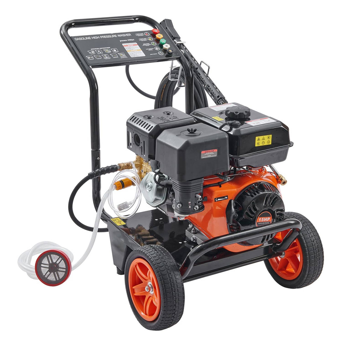 3/4 view gas pressure washer with orange engine, black frame, and included wand