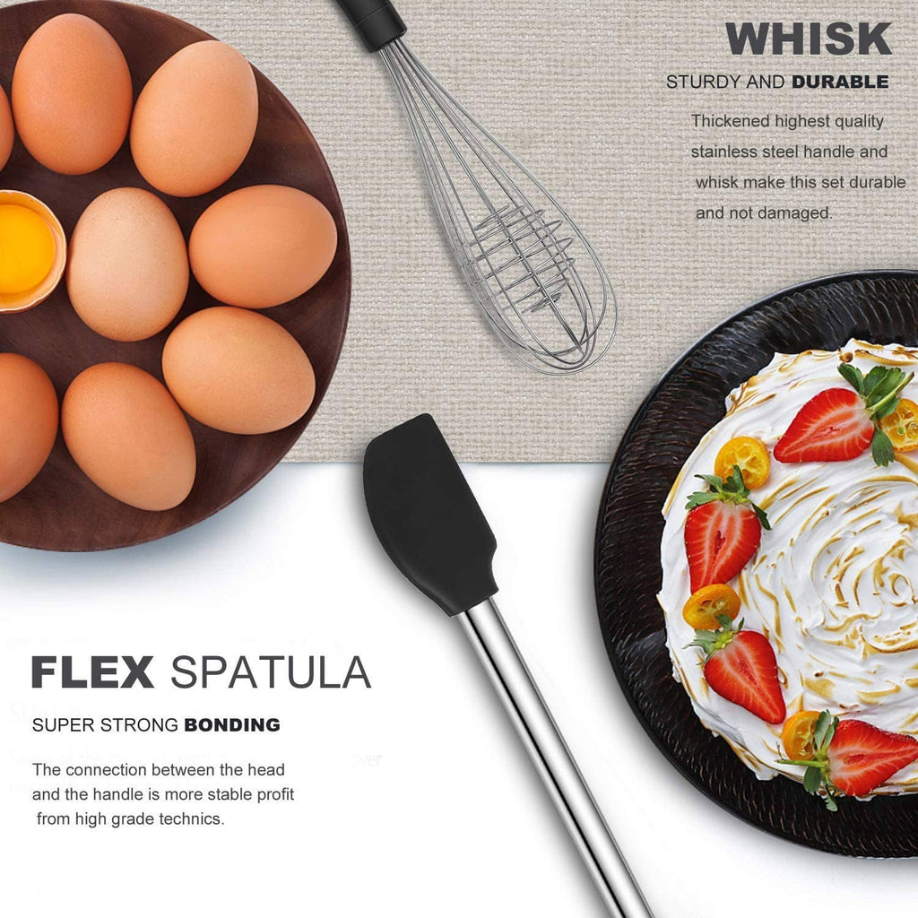 Black silicone flex spatula and whisk with stainless handles for cooking and baking