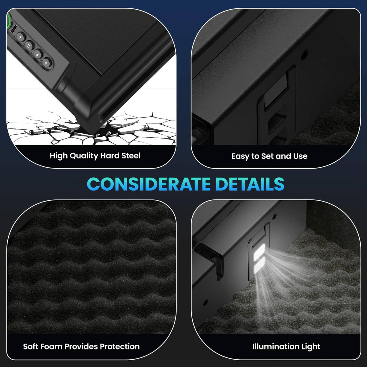 Black biometric gun safe with soft foam lining and interior illumination light