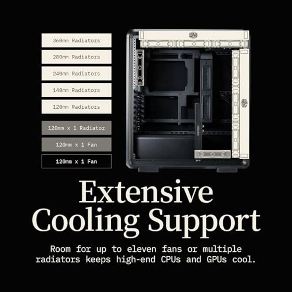 Open PC case interior with radiator and fan support compartments