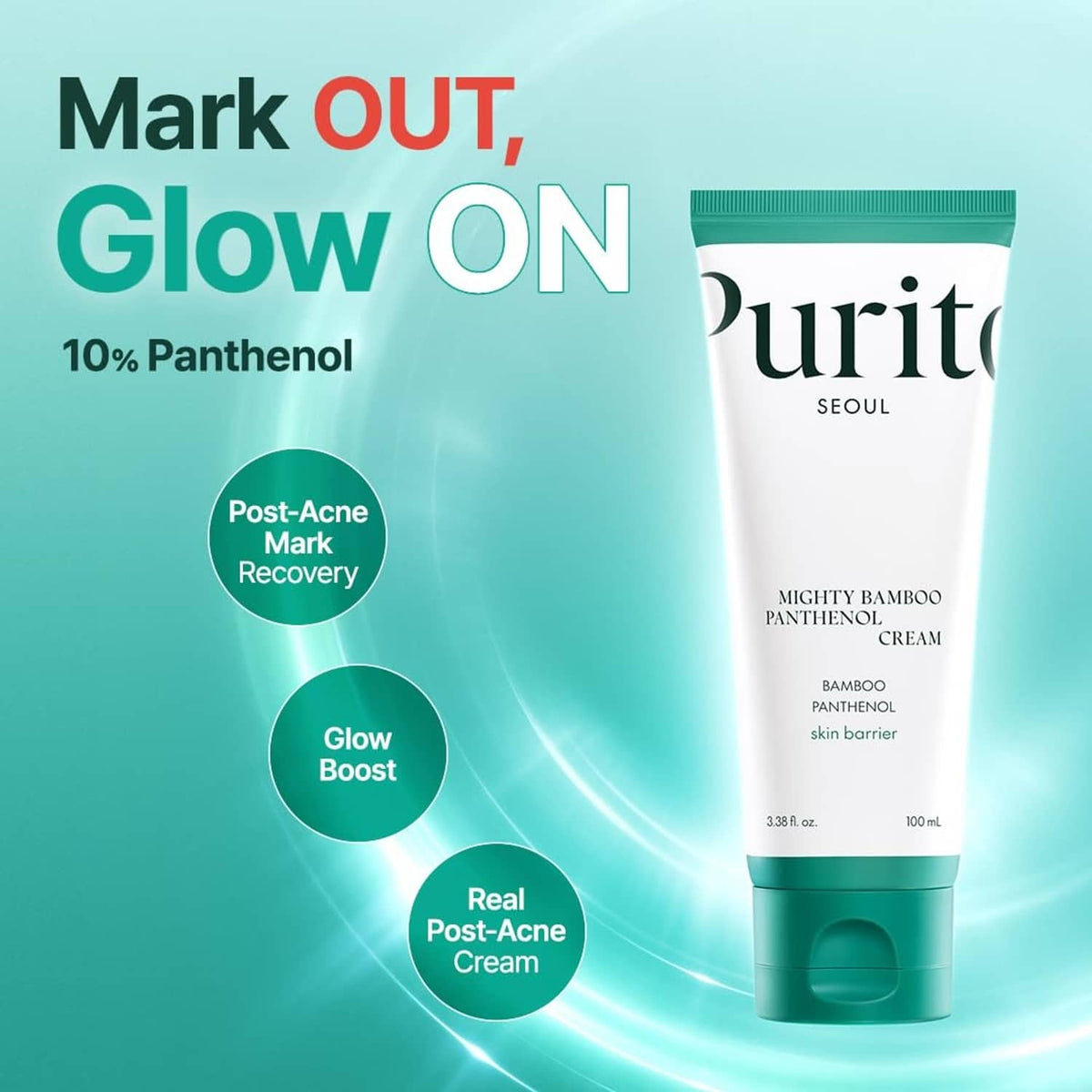 Facial moisturizer tube with teal base and white label, 10% panthenol theme text