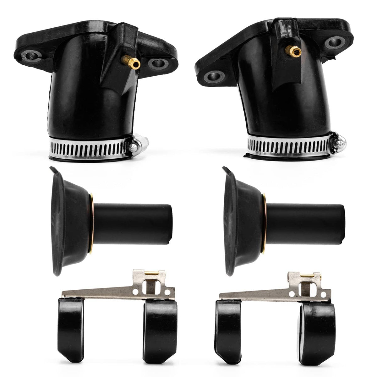 Carburetor rebuild kit with black intake manifolds, rubber boots, and metal intake clamps