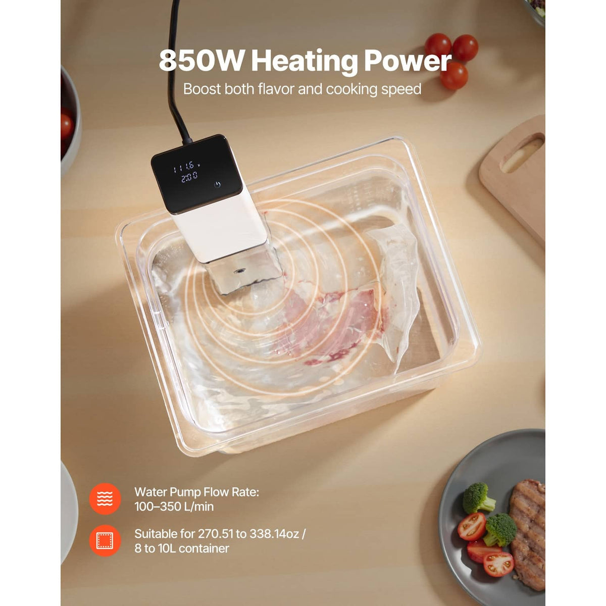 Sous vide precision cooker with cable, heating in a sealed water container