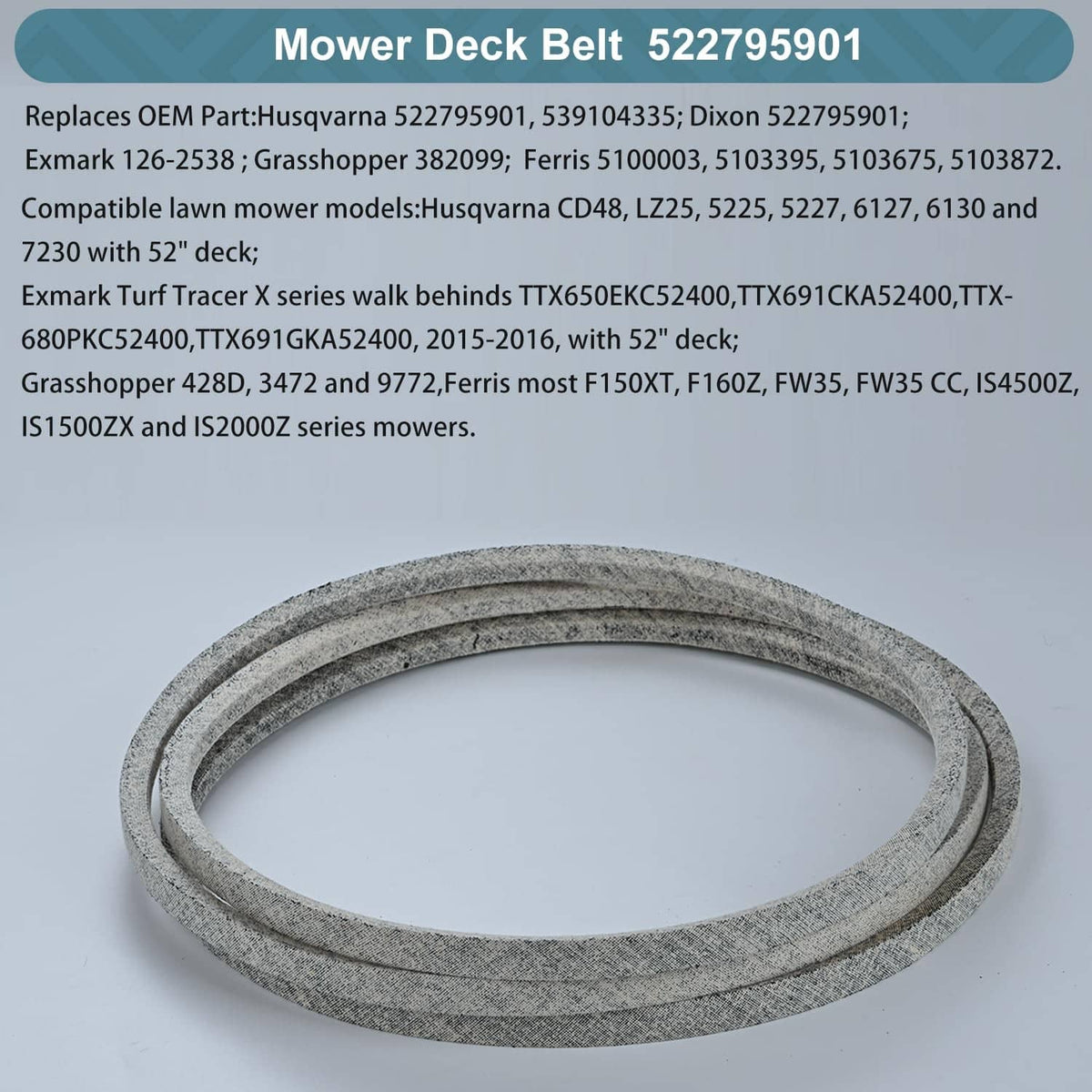 Gray mower deck belt loop, even width and sealed outer wrap
