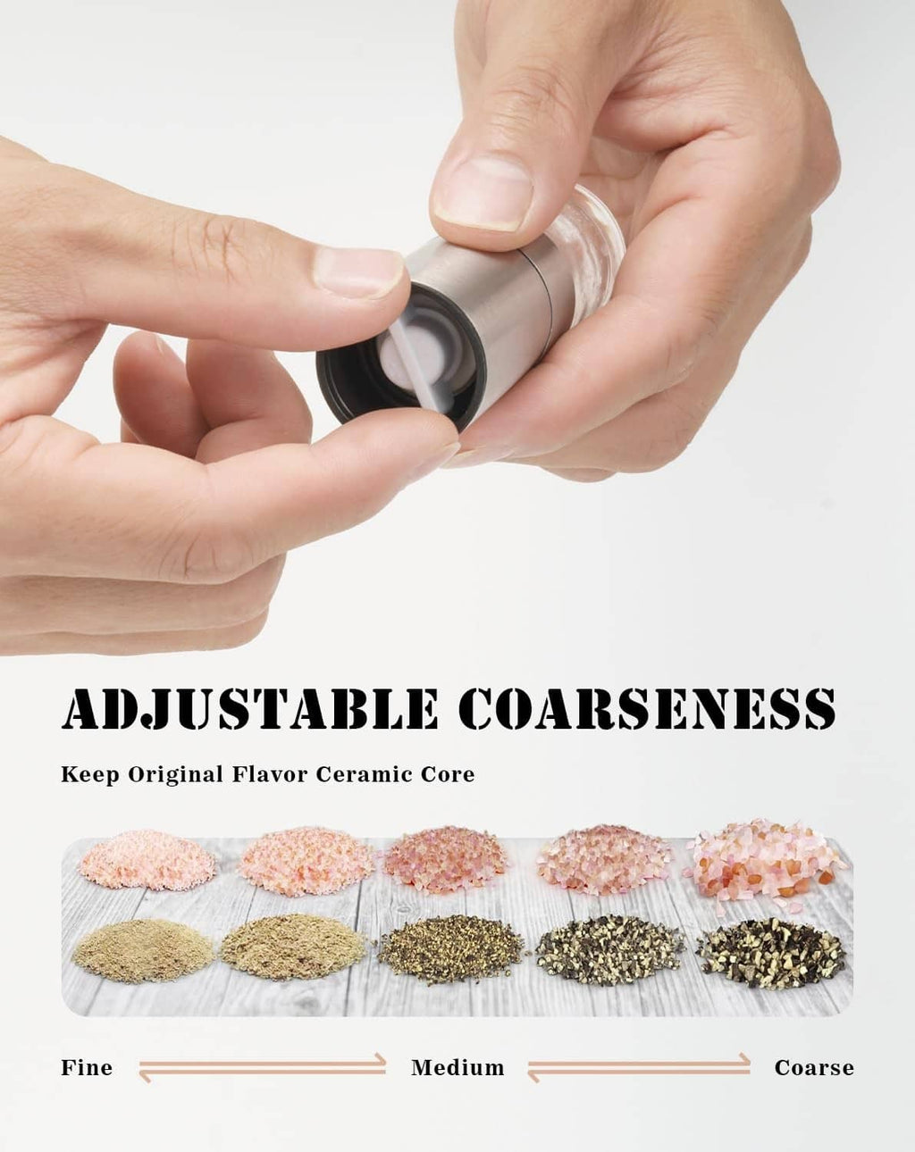 Adjustable coarseness mini salt and pepper grinder with fine, medium, and coarse settings