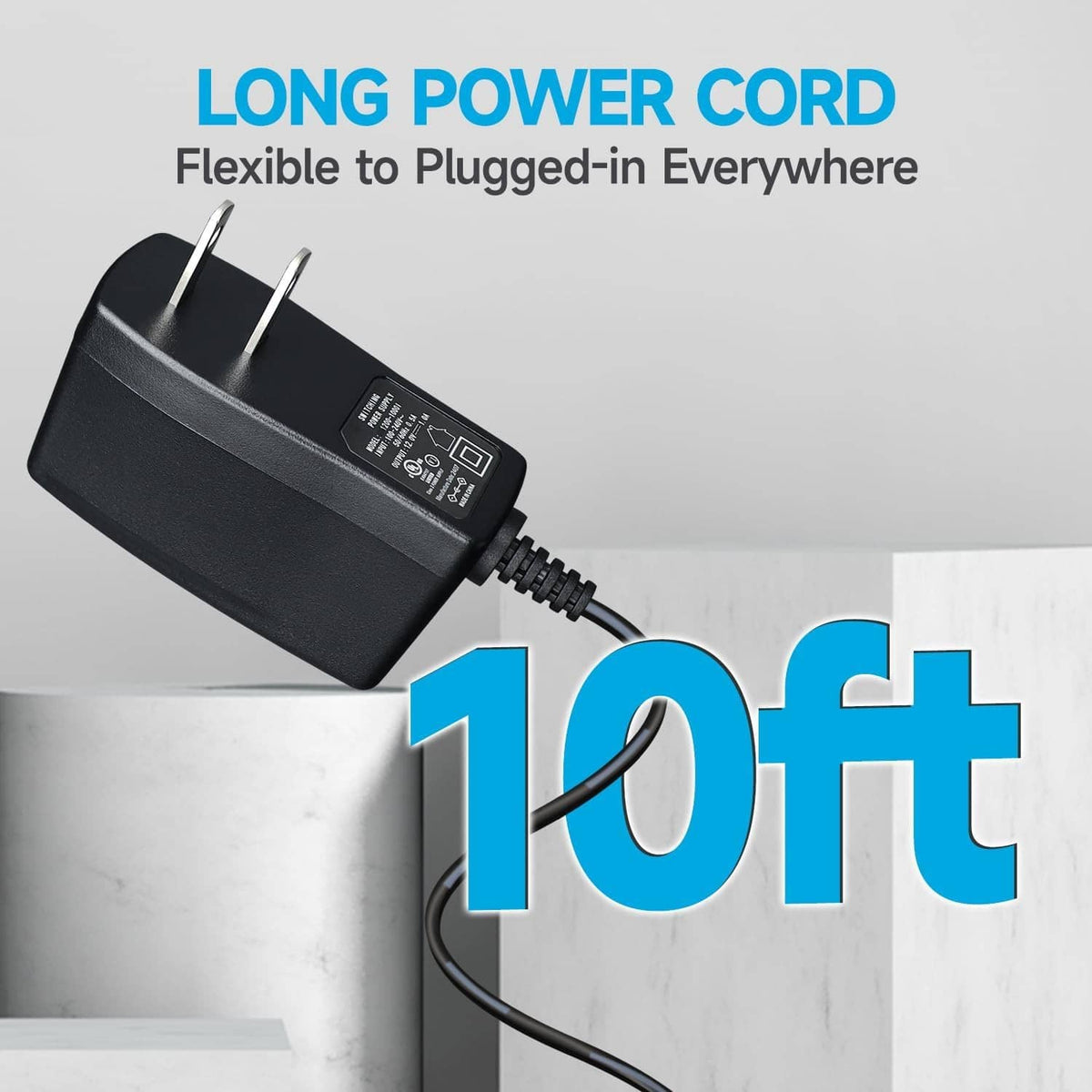 Black 12V power adapter with long DC cable and barrel connector