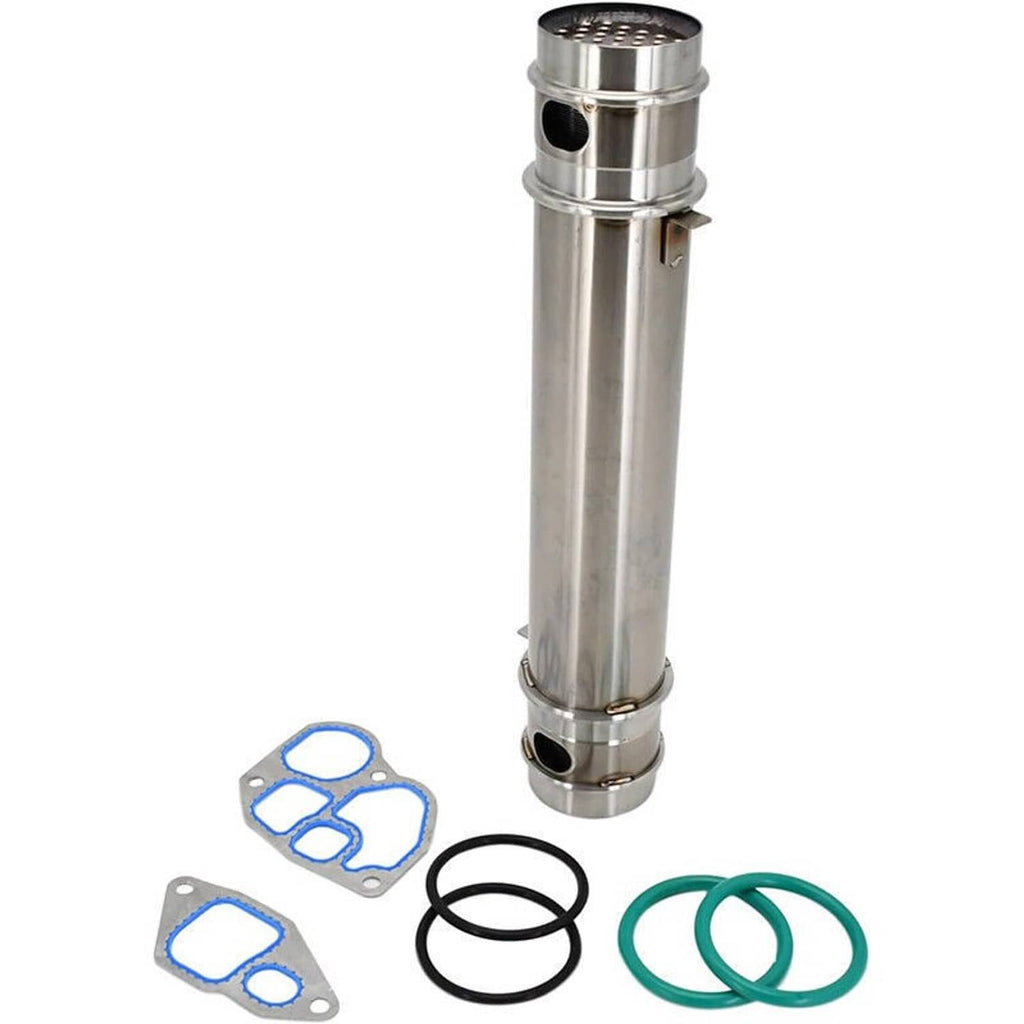 Vertical stainless oil cooler tube with end cap screen and included gaskets and O-rings