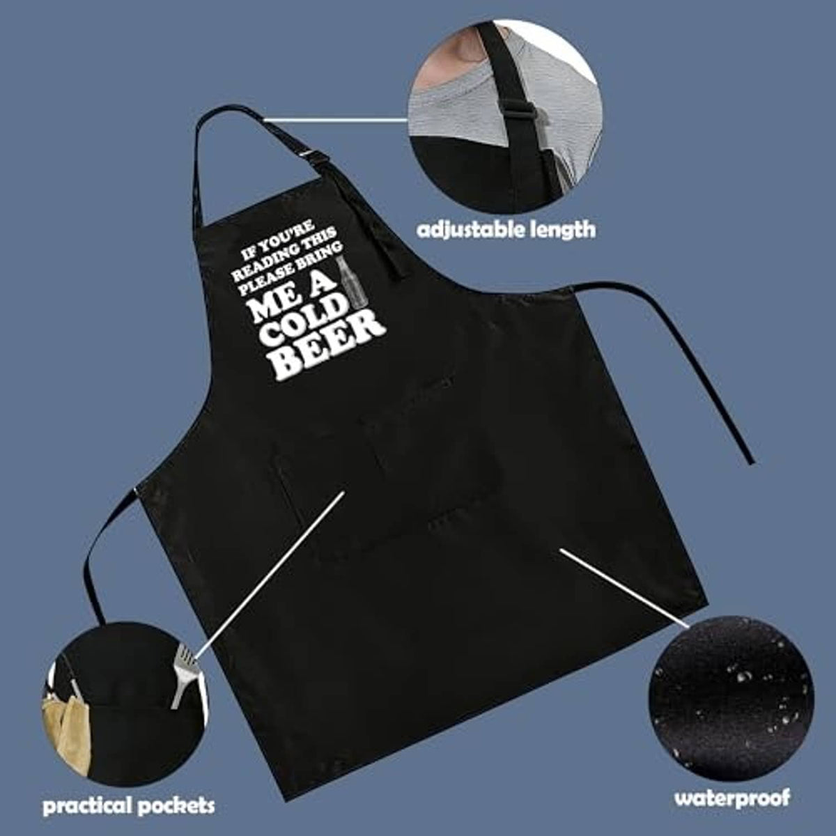 Black apron with 'me a cold beer' text, adjustable strap, and practical pockets
