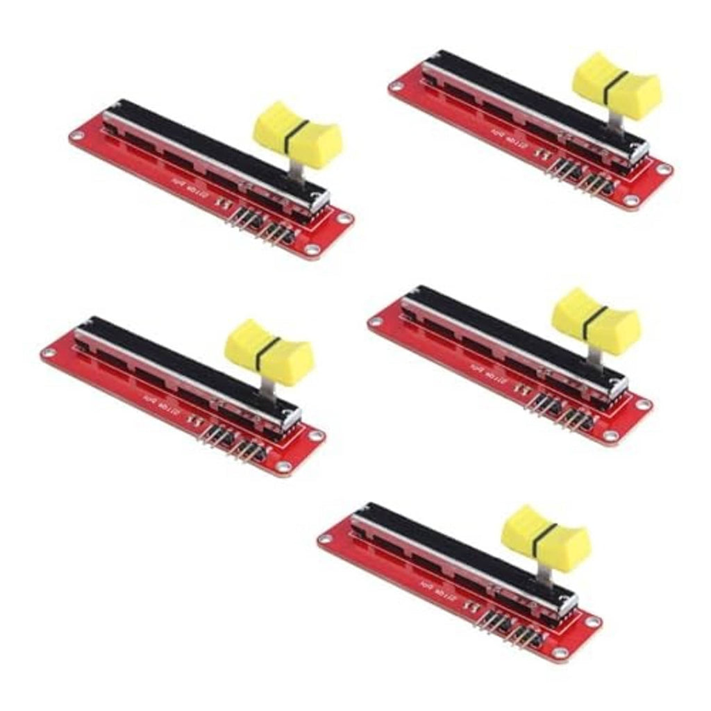 Five slide potentiometer modules with red PCB, black slider, and yellow adjustment knobs