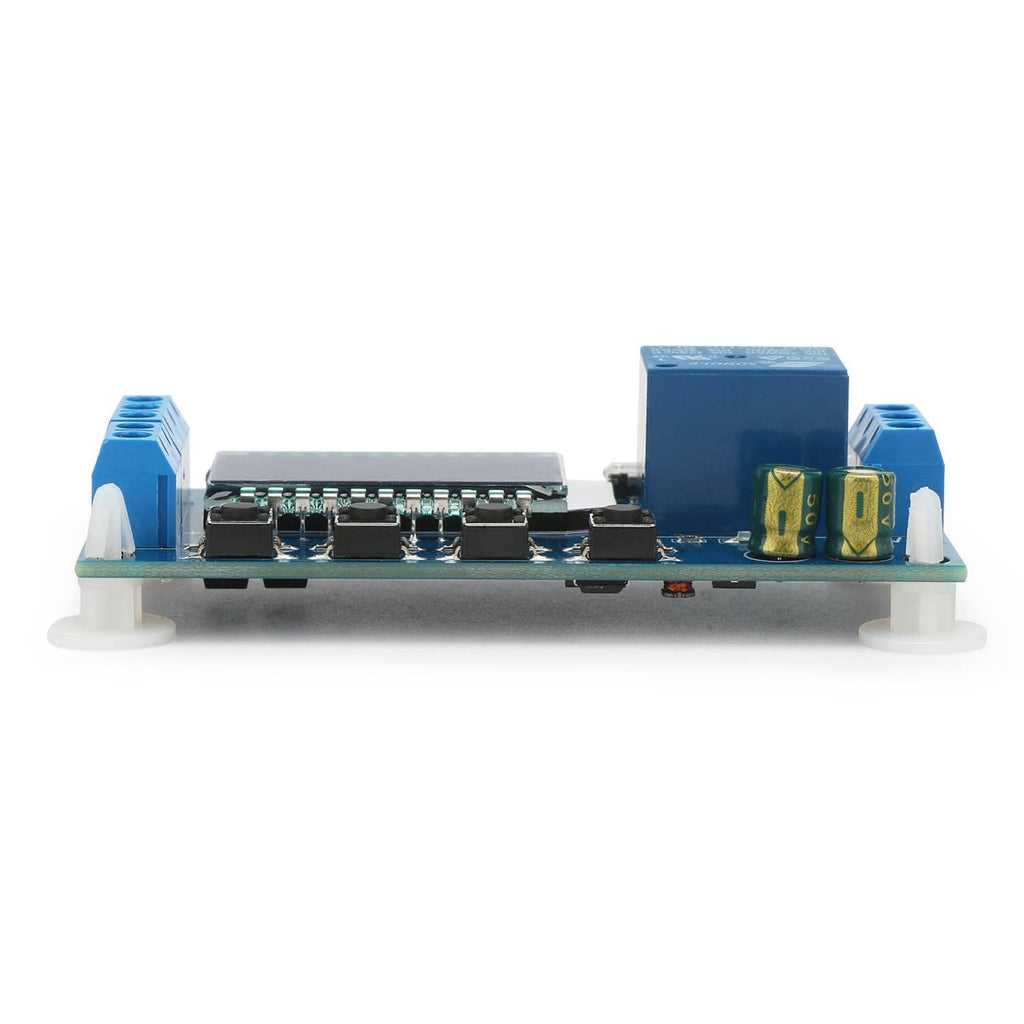 Timer relay module underside with MicroUSB area and multi-pin header on blue board
