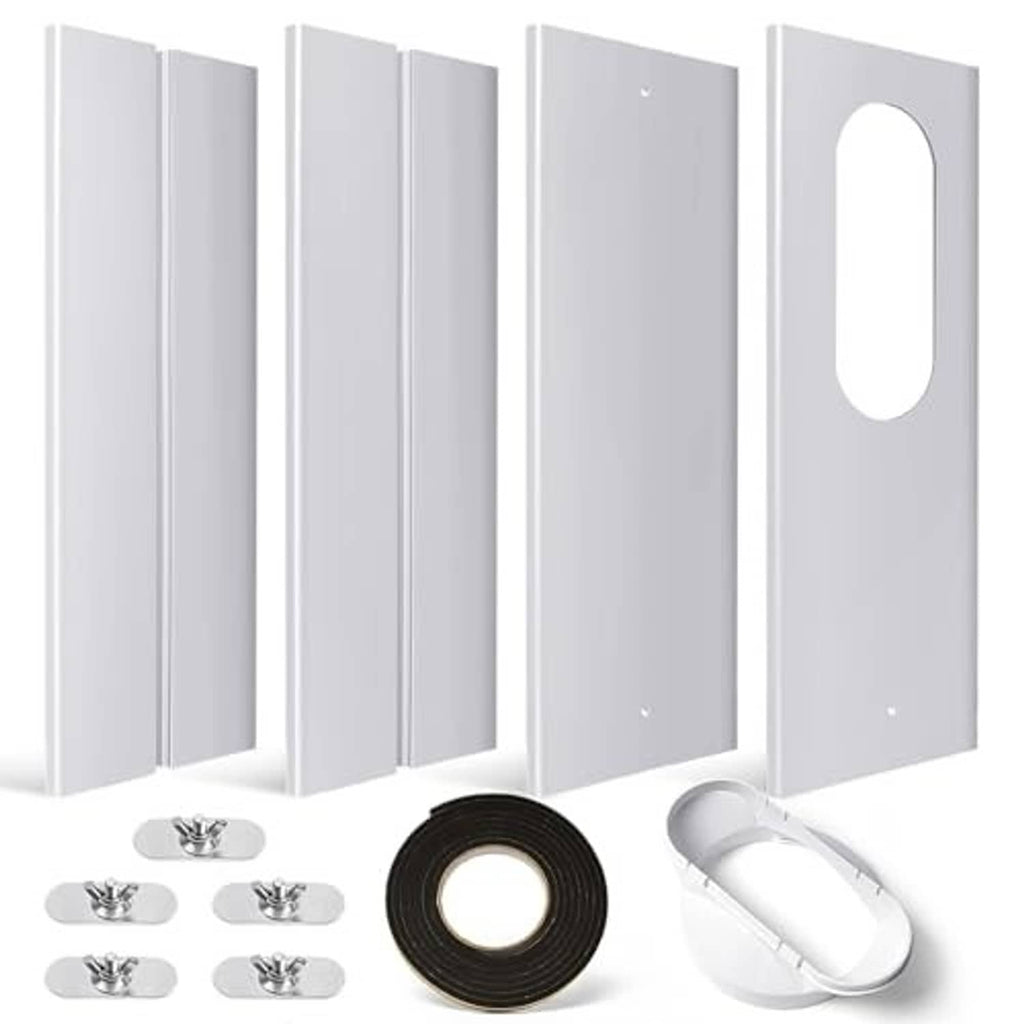 White PVC window kit panels with screws, black sealing tape roll, and coiled white coupler