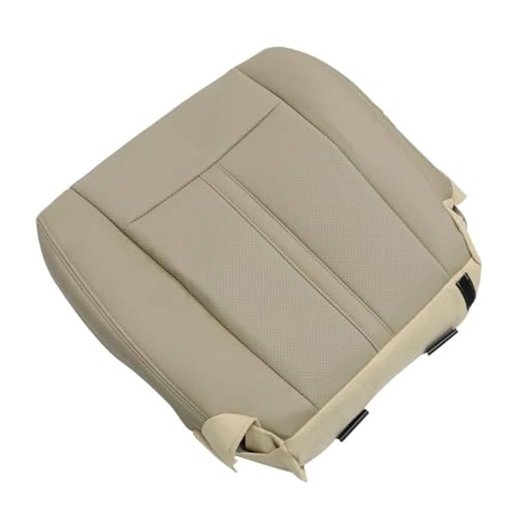 Tan leather seat bottom cover, driver side, angled view showing center stitched panel.