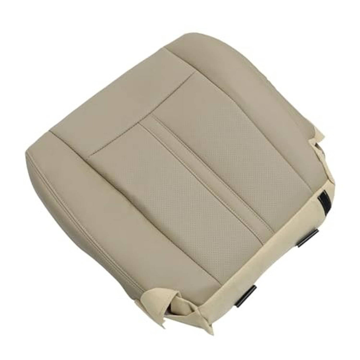Tan leather seat bottom cover, driver side, angled view showing center stitched panel.