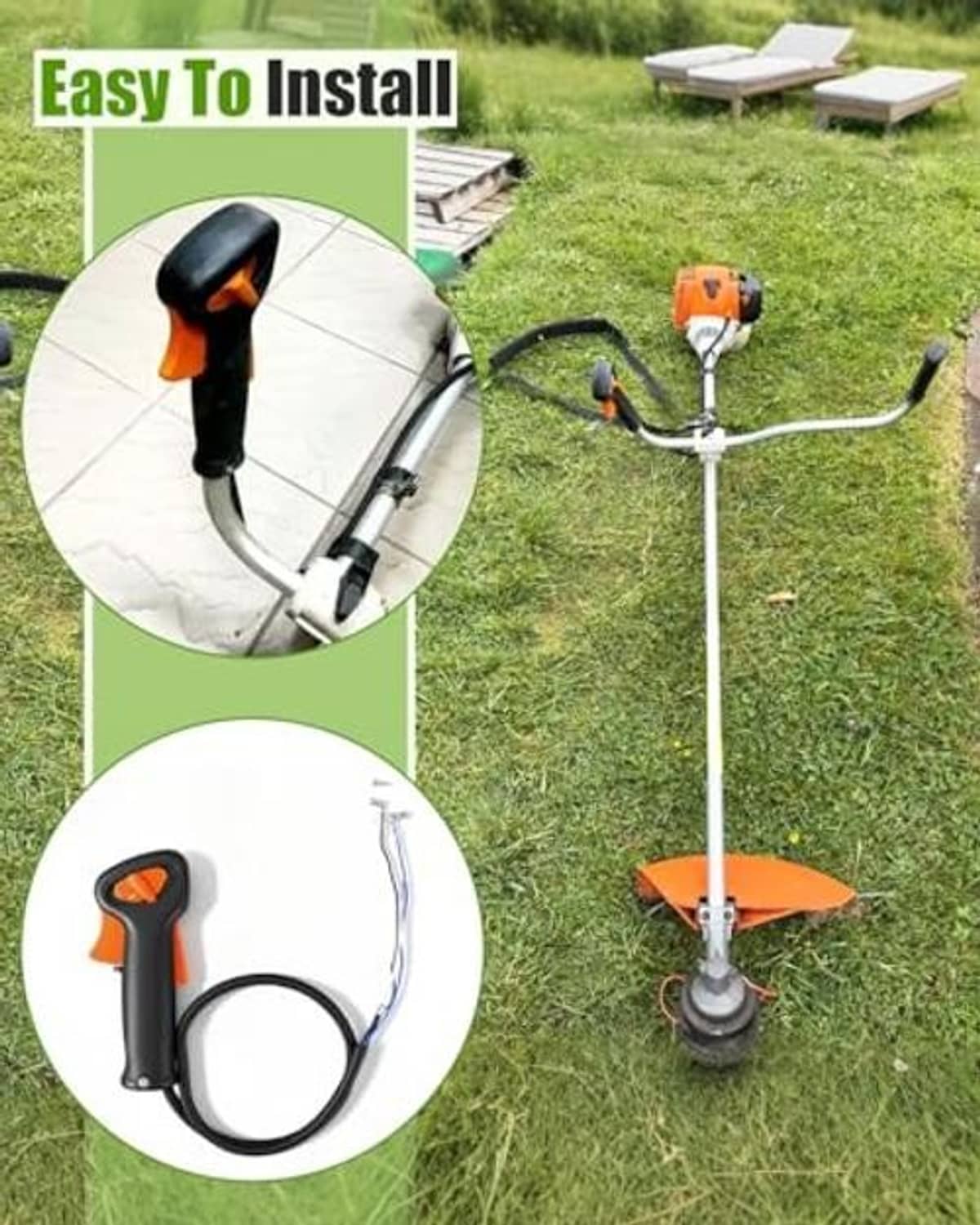 Throttle control handle assembly on grass trimmer with black cable and orange grips