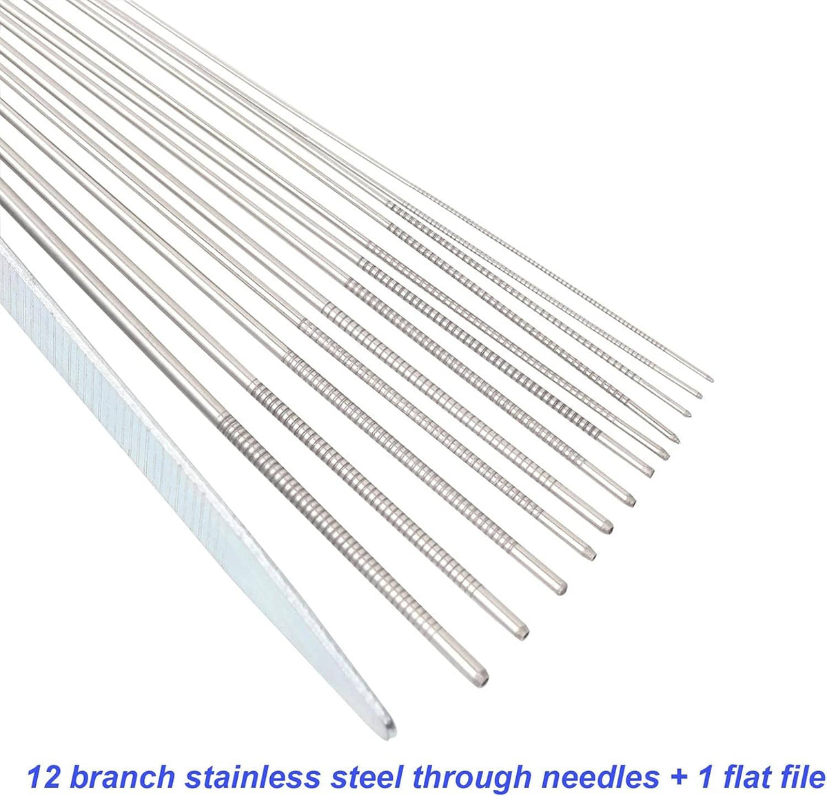 Bundle of stainless steel through needles plus a single flat cleaning file