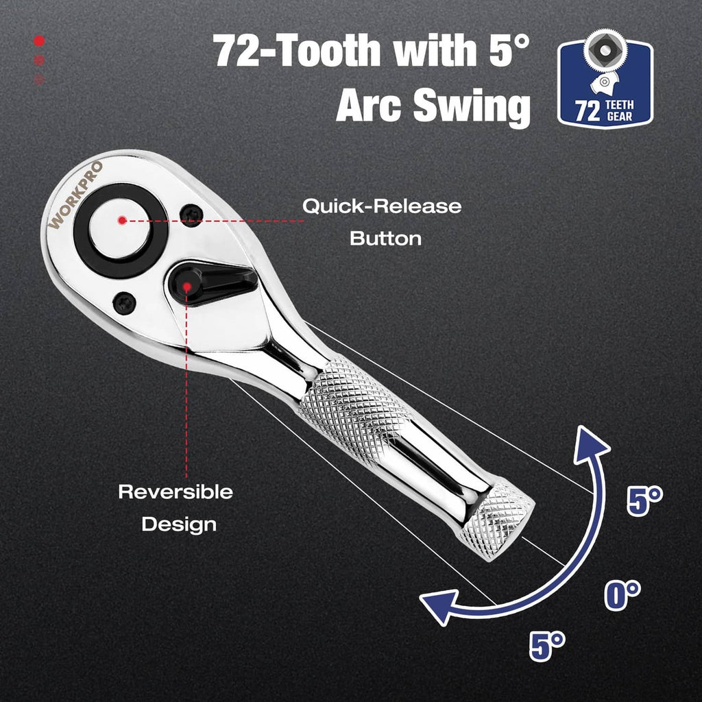 72-tooth stubby ratchet wrench with quick-release button and knurled non-slip handle