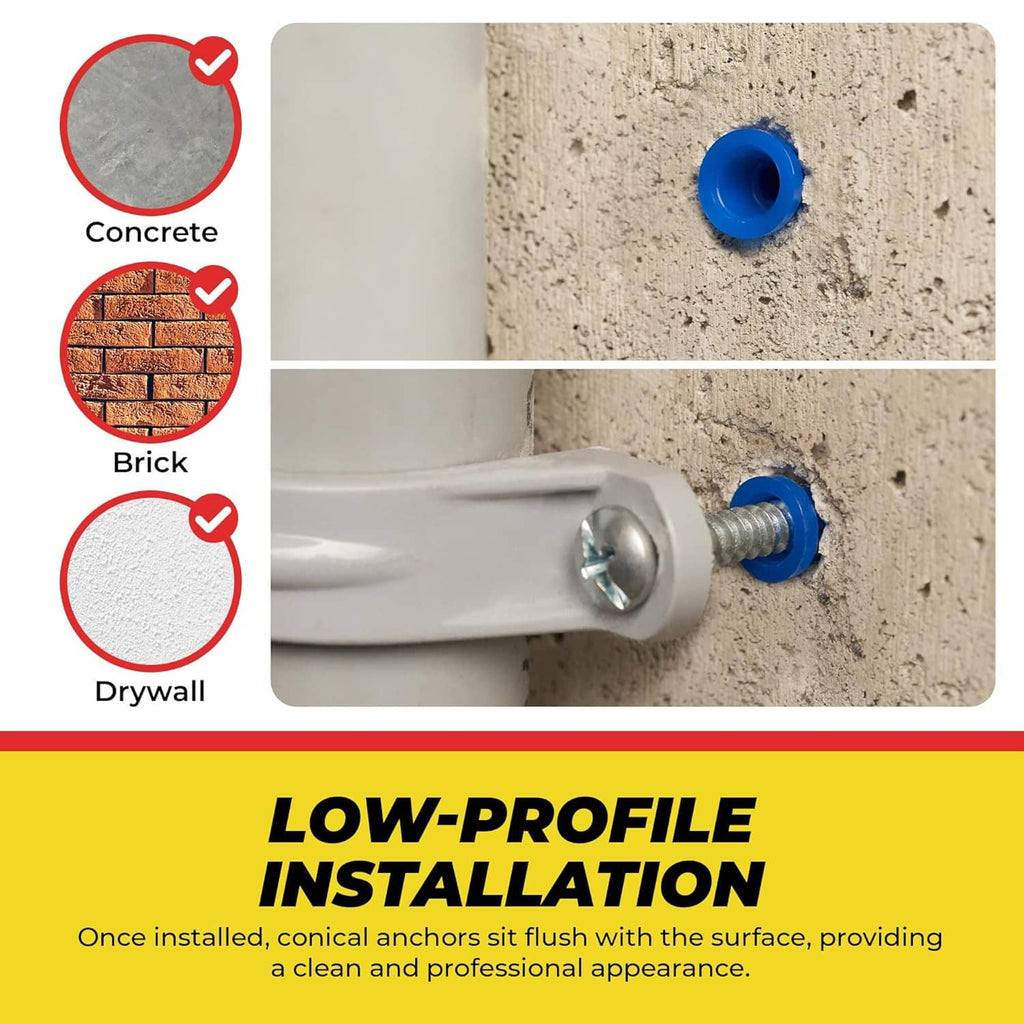 Blue conical plastic anchor inserted into a drilled hole in concrete