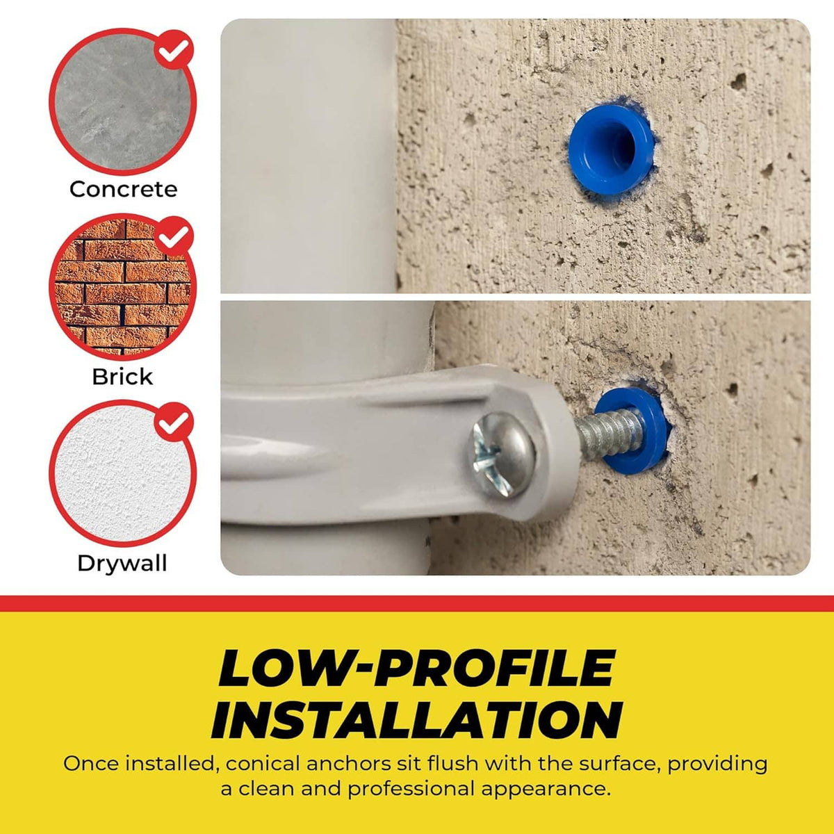 Blue conical plastic anchor inserted into a drilled hole in concrete
