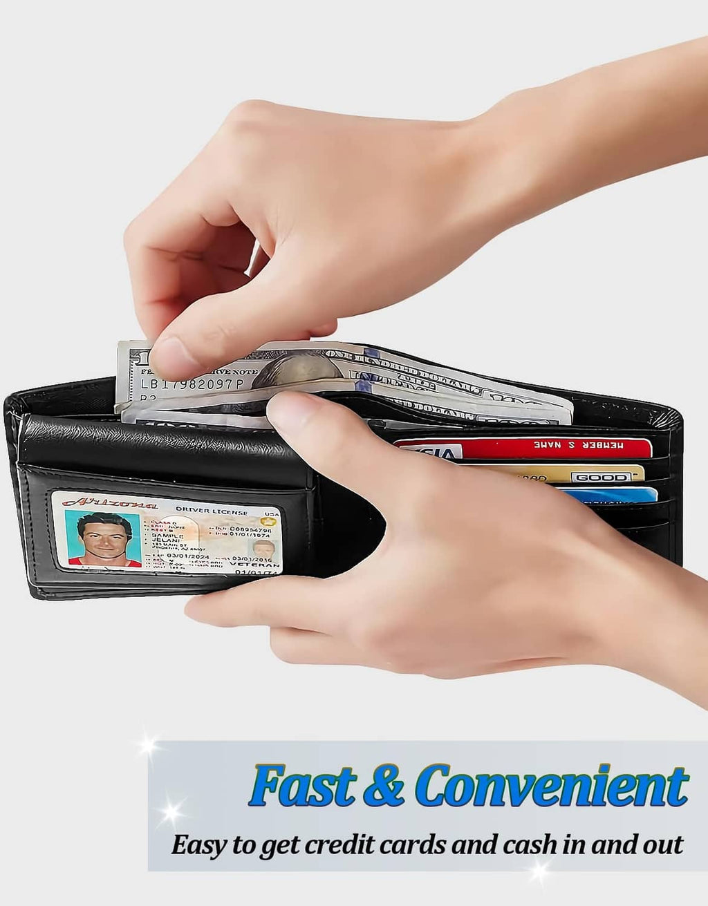 Men's black bifold leather wallet with cash being inserted into the bill compartment