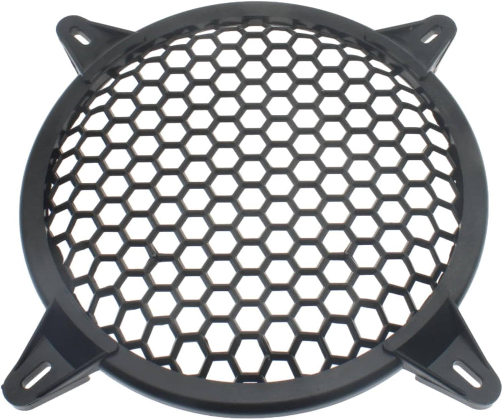 Black subwoofer grill guard with hex honeycomb mesh and mounting tabs