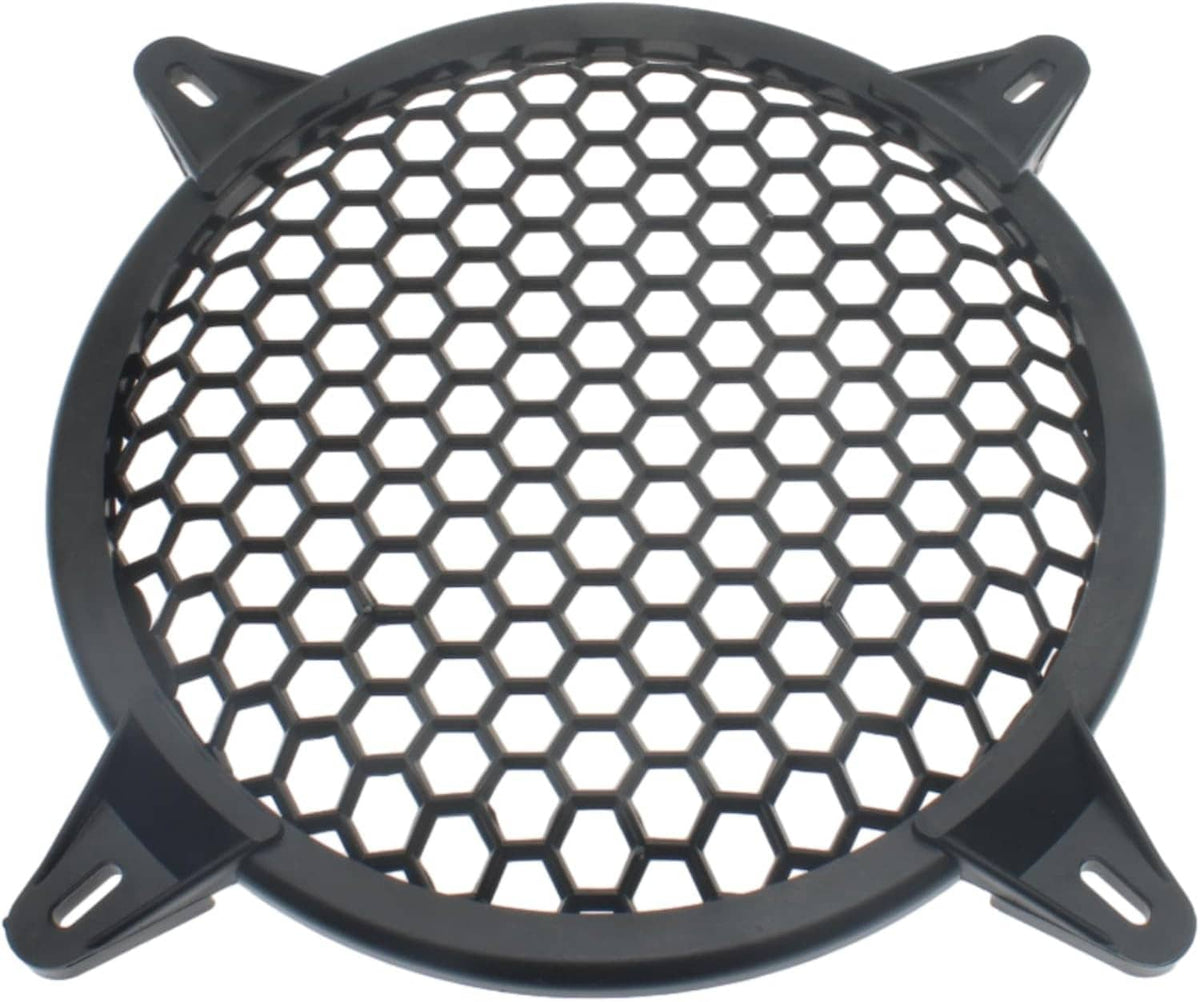 Black subwoofer grill guard with hex honeycomb mesh and mounting tabs
