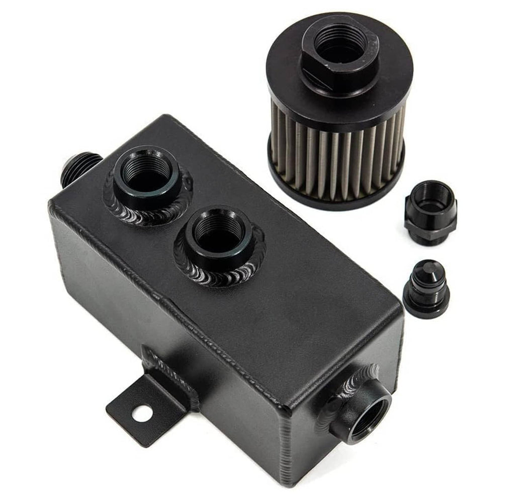 Baffled oil catch can reservoir with filter and black AN fittings, includes bracket hardware