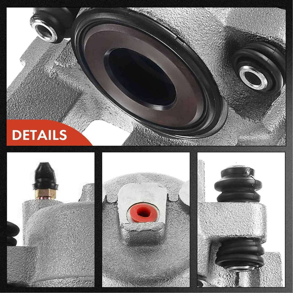 Front left brake caliper detail showing piston seal, ports, and rubber boot