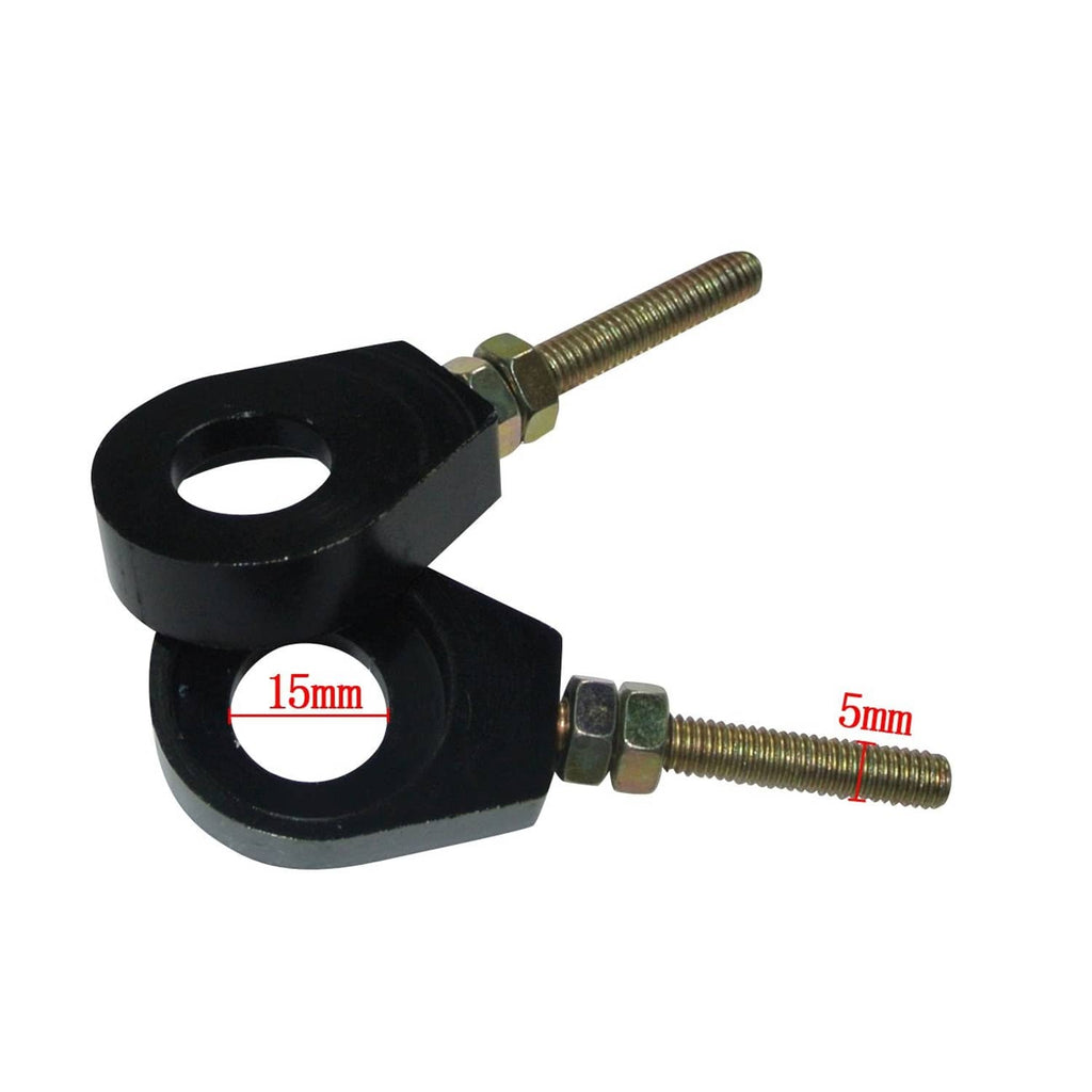 Black chain tensioner adjuster pair showing 15mm and 5mm marked bolt lengths