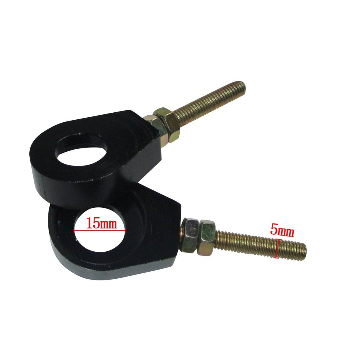 Black chain tensioner adjuster pair showing 15mm and 5mm marked bolt lengths
