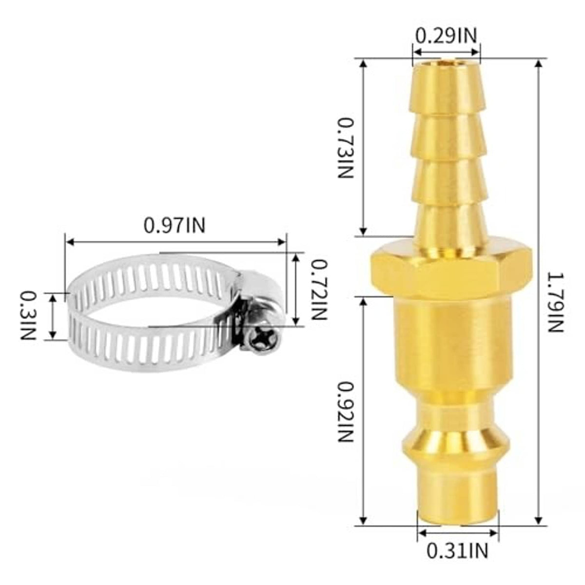 Brass hose barb fitting with barbed end and flared base, shown with sizing diagram