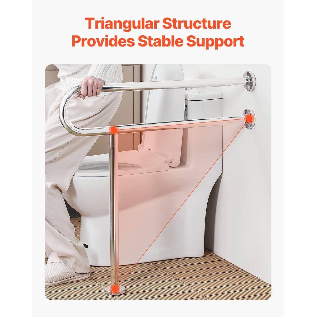 Toilet safety rail with triangular support structure and U-shaped grip