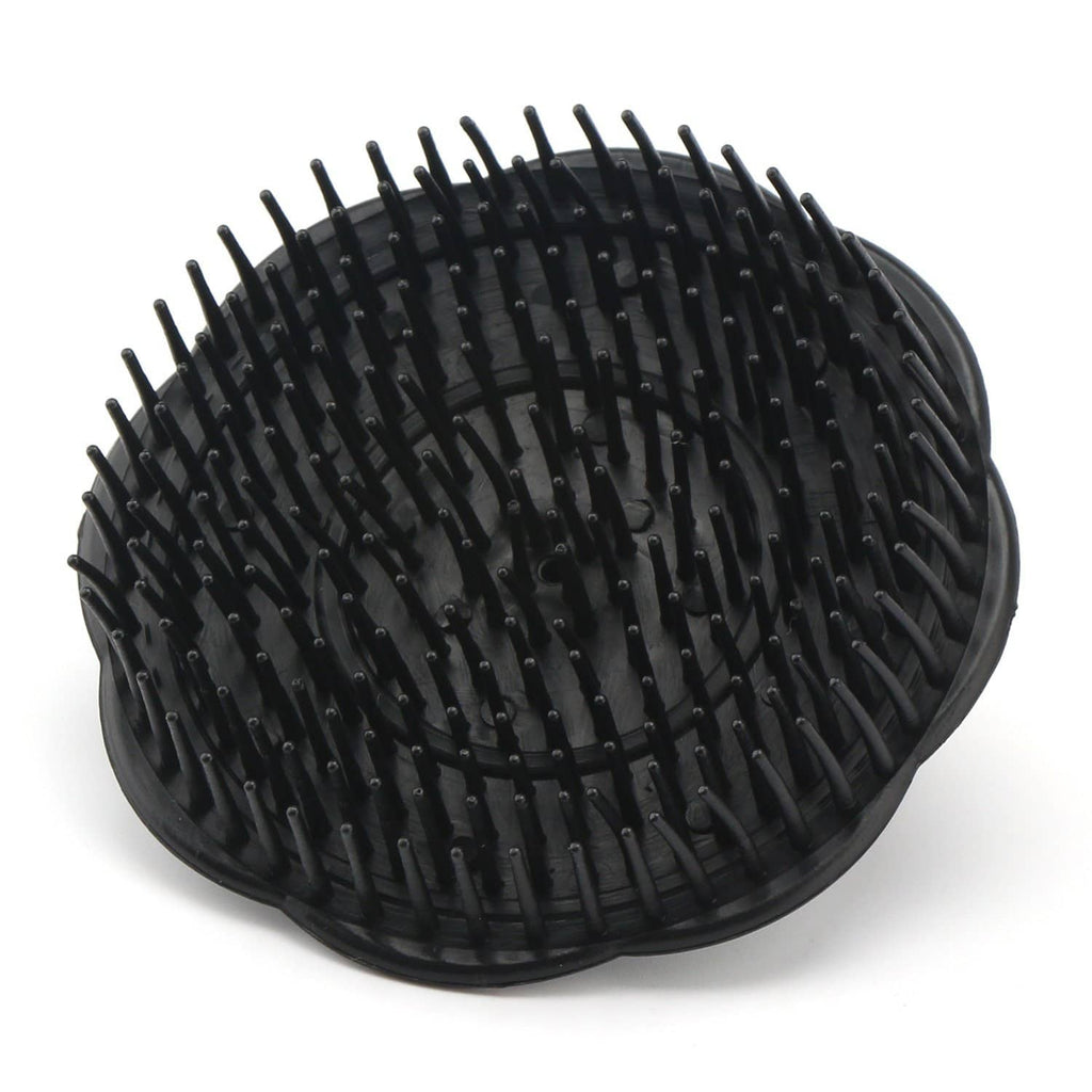 Black oval scalp massage brush with long rubber bristles and raised center pad