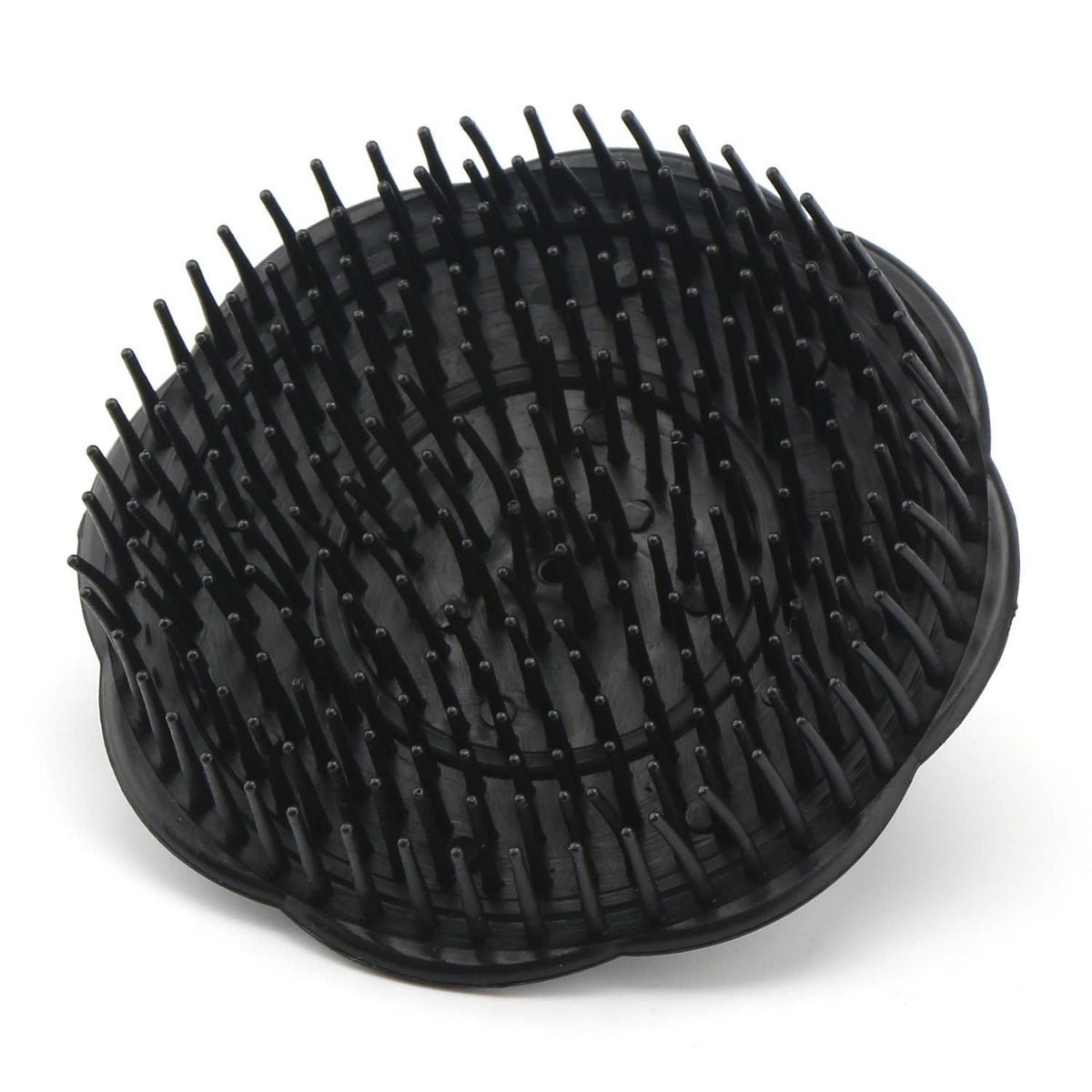 Black oval scalp massage brush with long rubber bristles and raised center pad