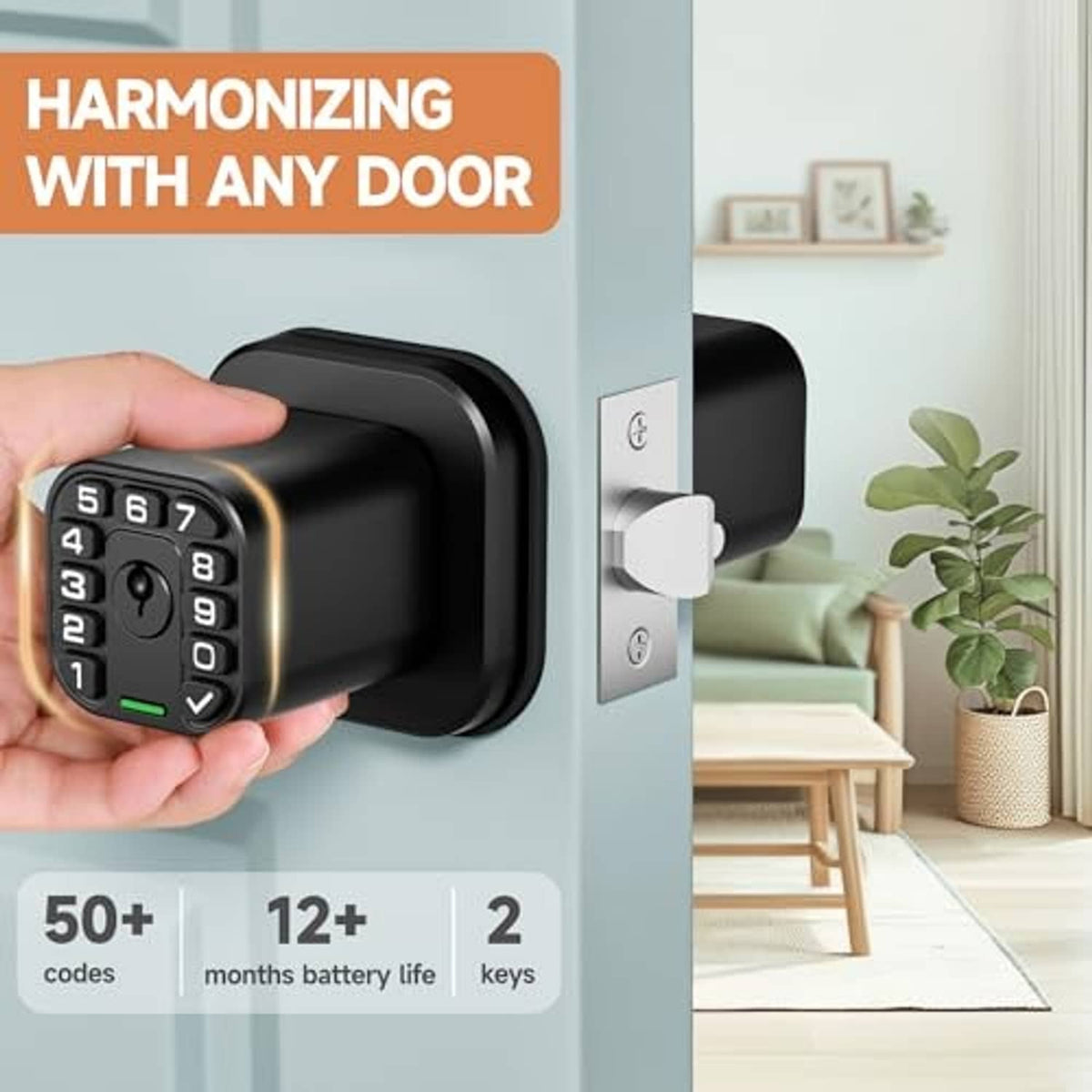 Matte black keypad door lock with square faceplate and cylinder, held near door