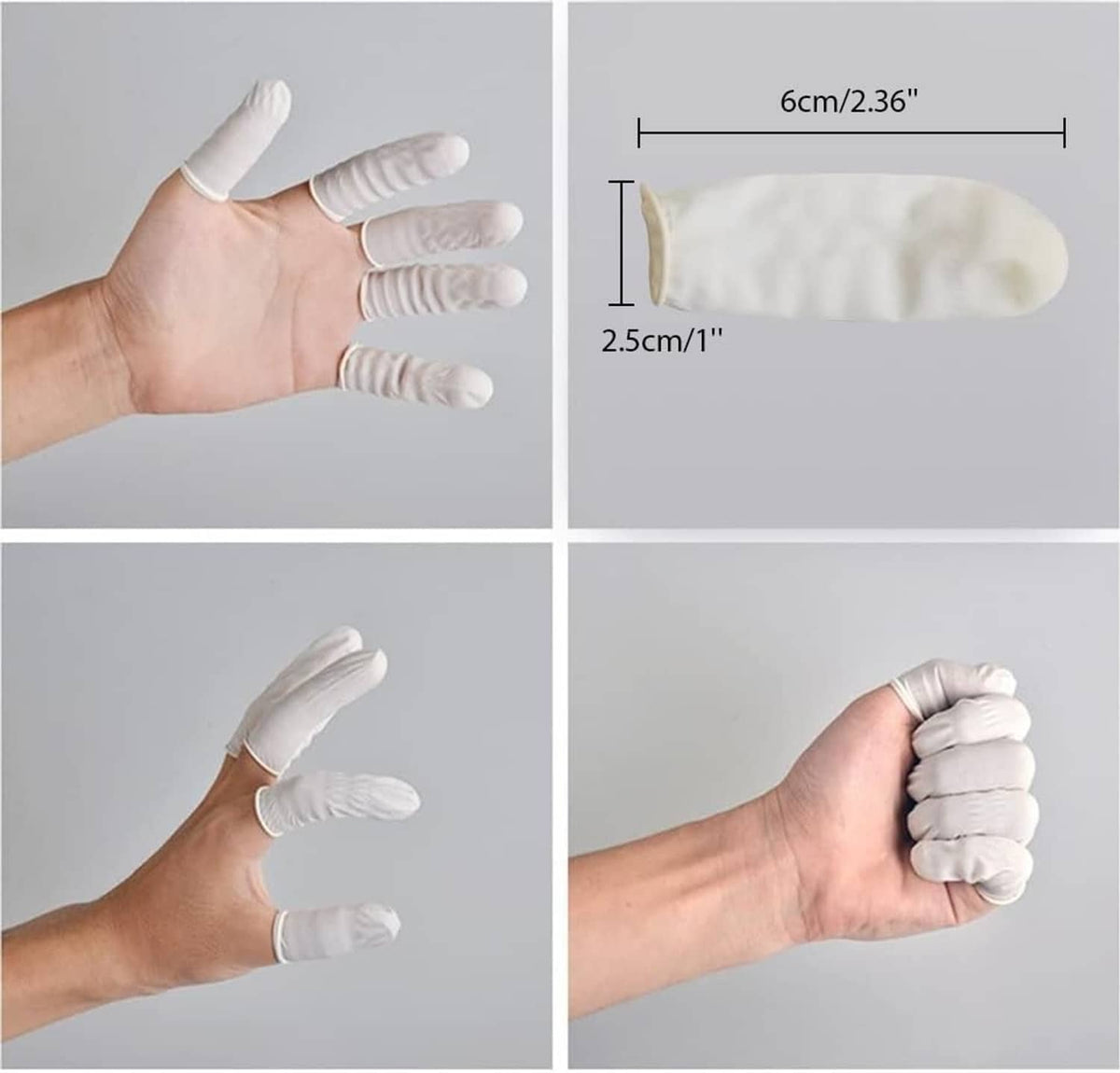 White latex finger cots on fingers; cot size shown as 2.5 cm x 6 cm