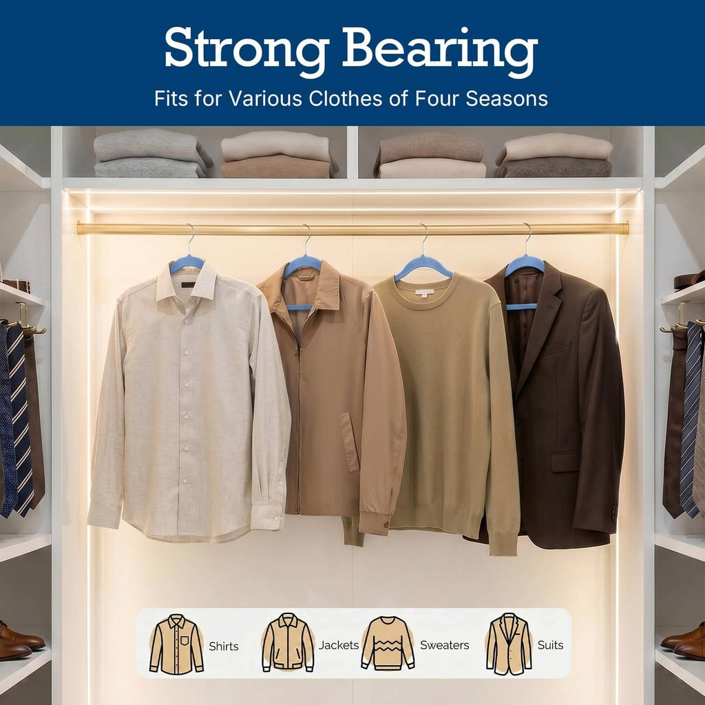 Tranquil-blue velvet hangers with silver hooks, holding mixed-season clothing