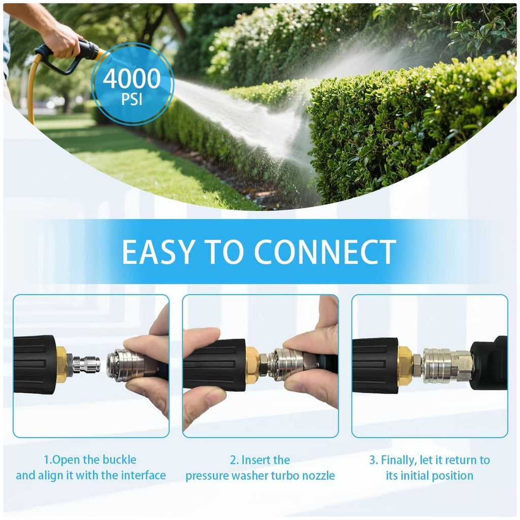 Turbo pressure washer nozzle tip spraying a strong water jet outdoors