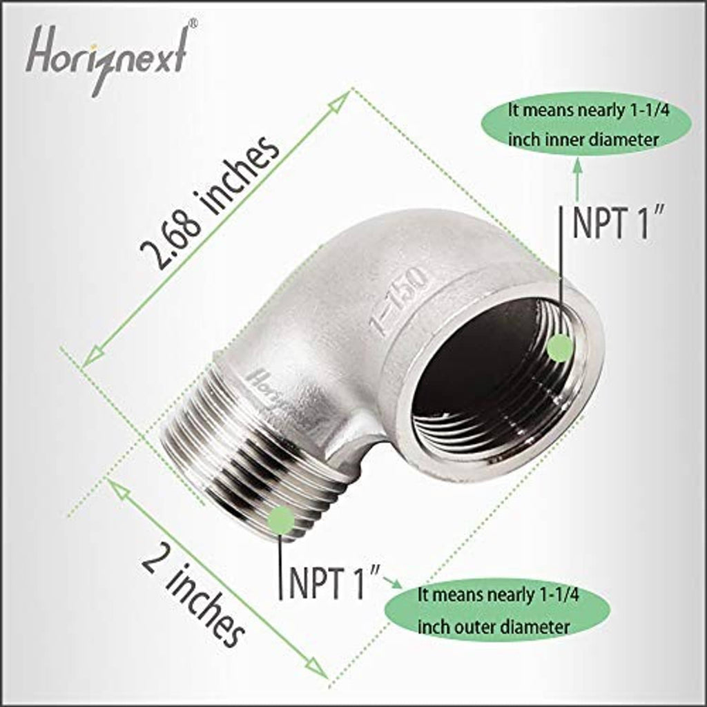 Stainless steel 90-degree elbow fitting with NPT 1" male and female ends