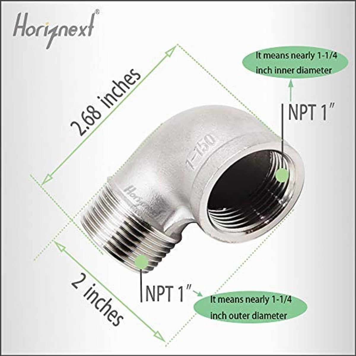 Stainless steel 90-degree elbow fitting with NPT 1" male and female ends