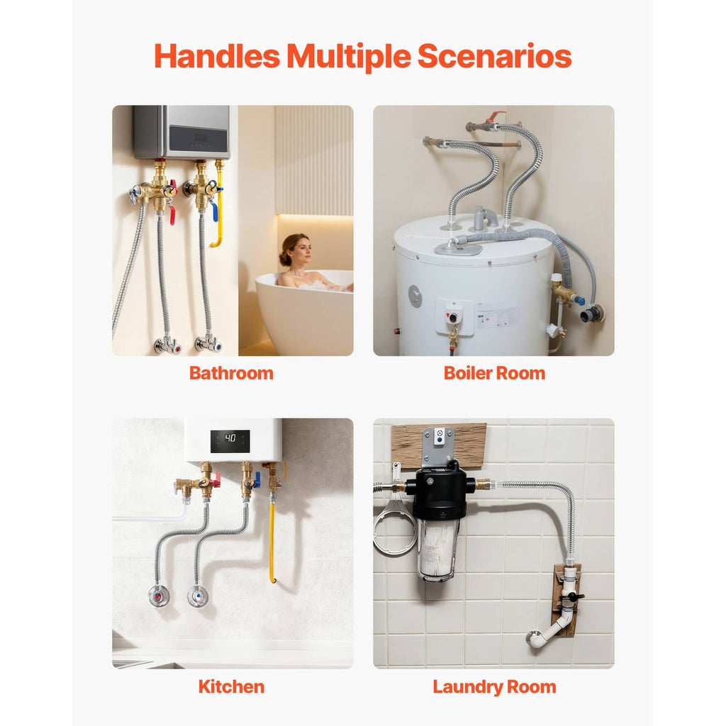 Water heater flex connector kit with multiple flexible hoses and brass fittings