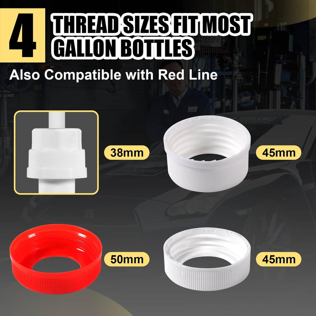 Set of red and white threaded bottle cap adapter inserts for fluid pump