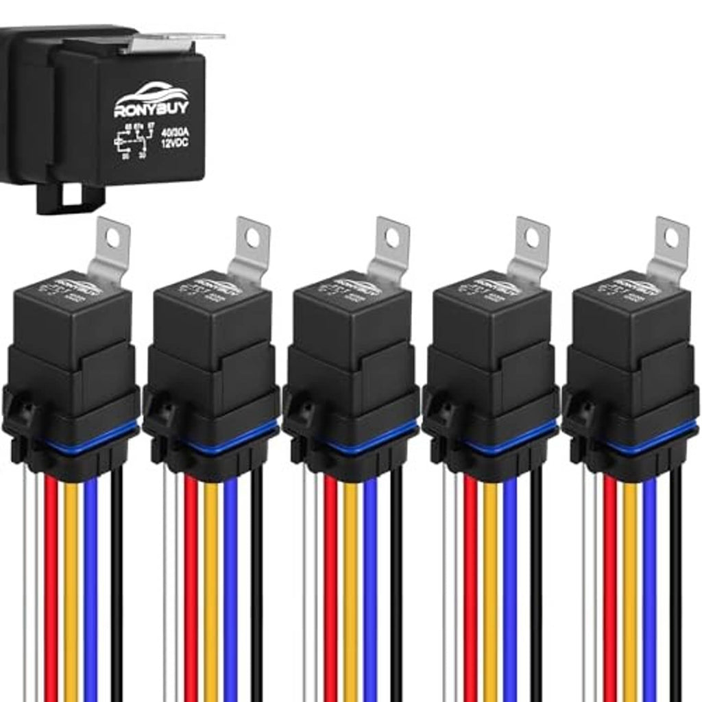 Five-pack 12V relays in black housings with blue waterproof rings and colored leads