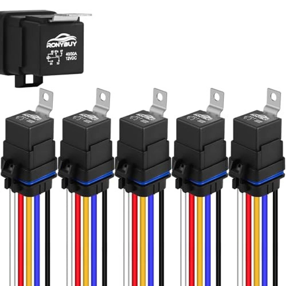 Five-pack 12V relays in black housings with blue waterproof rings and colored leads