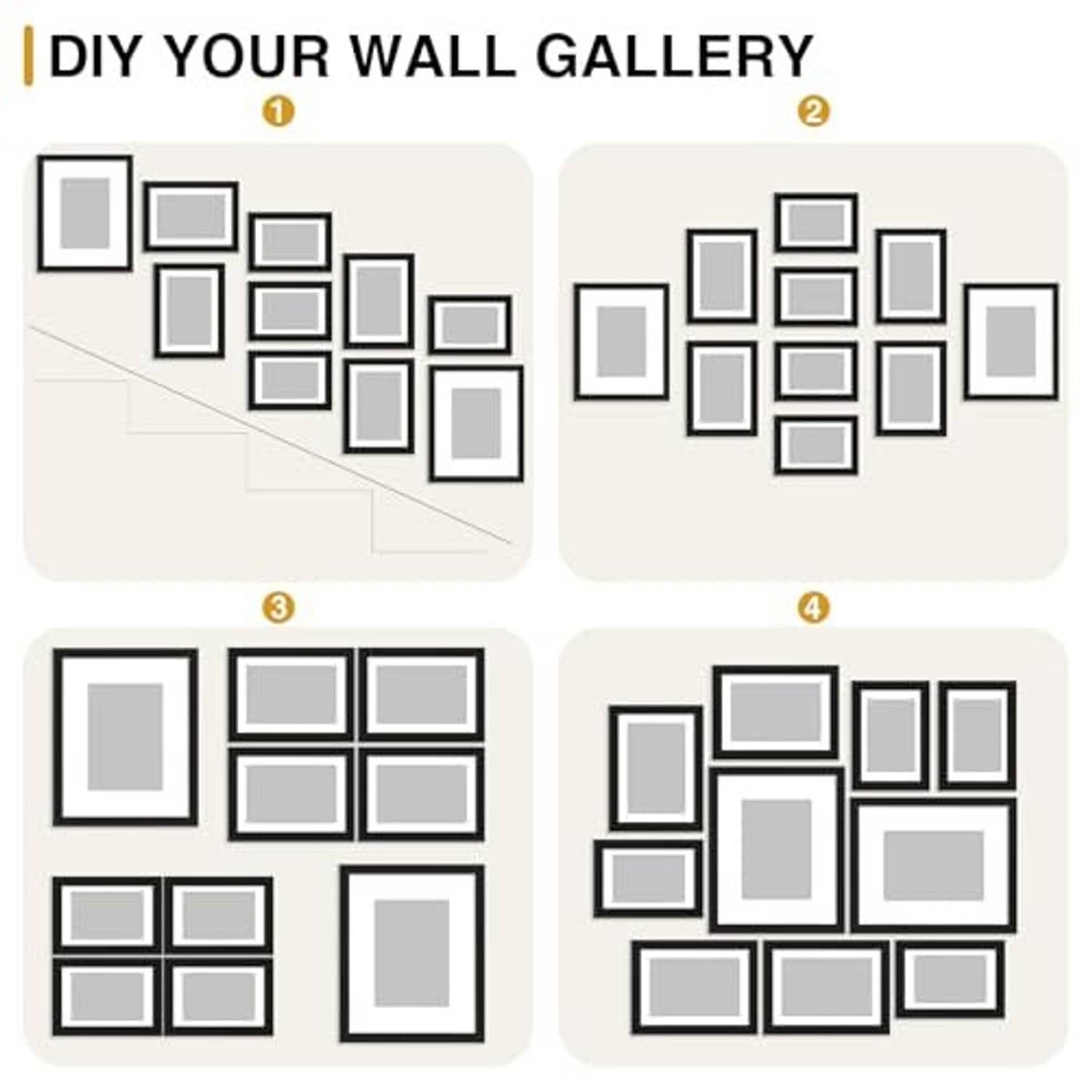 Black picture frame collage layout diagrams with square and rectangular frames