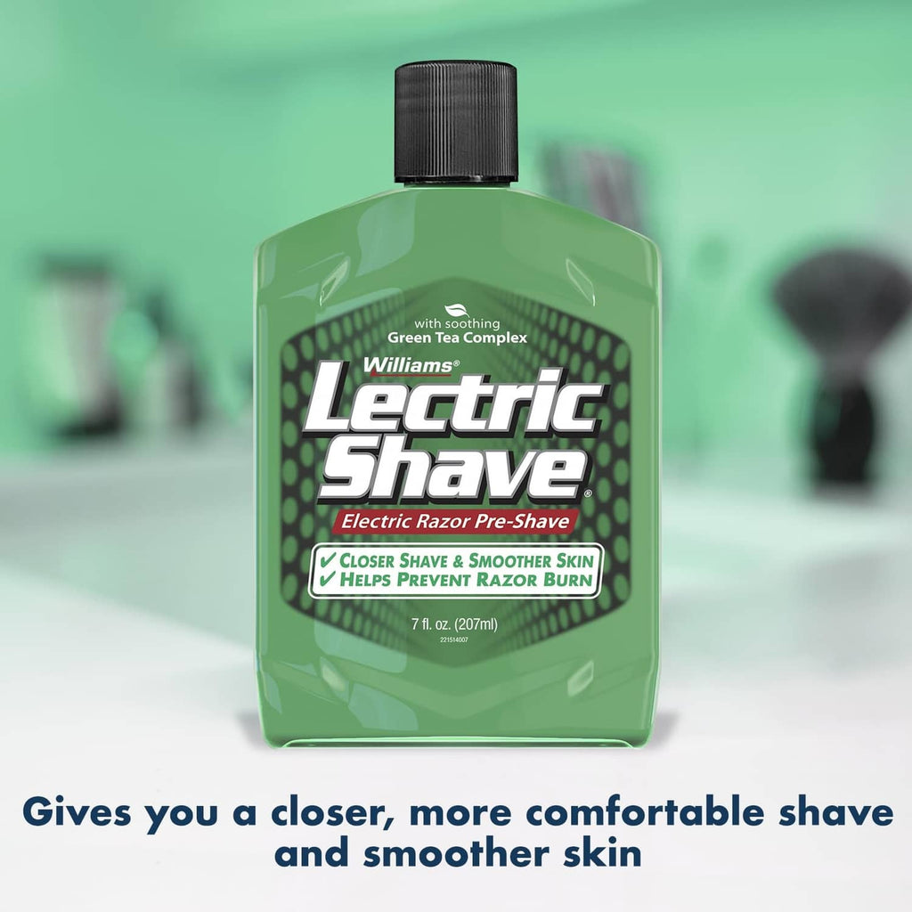 Green electric razor pre-shave bottle with black cap and front label