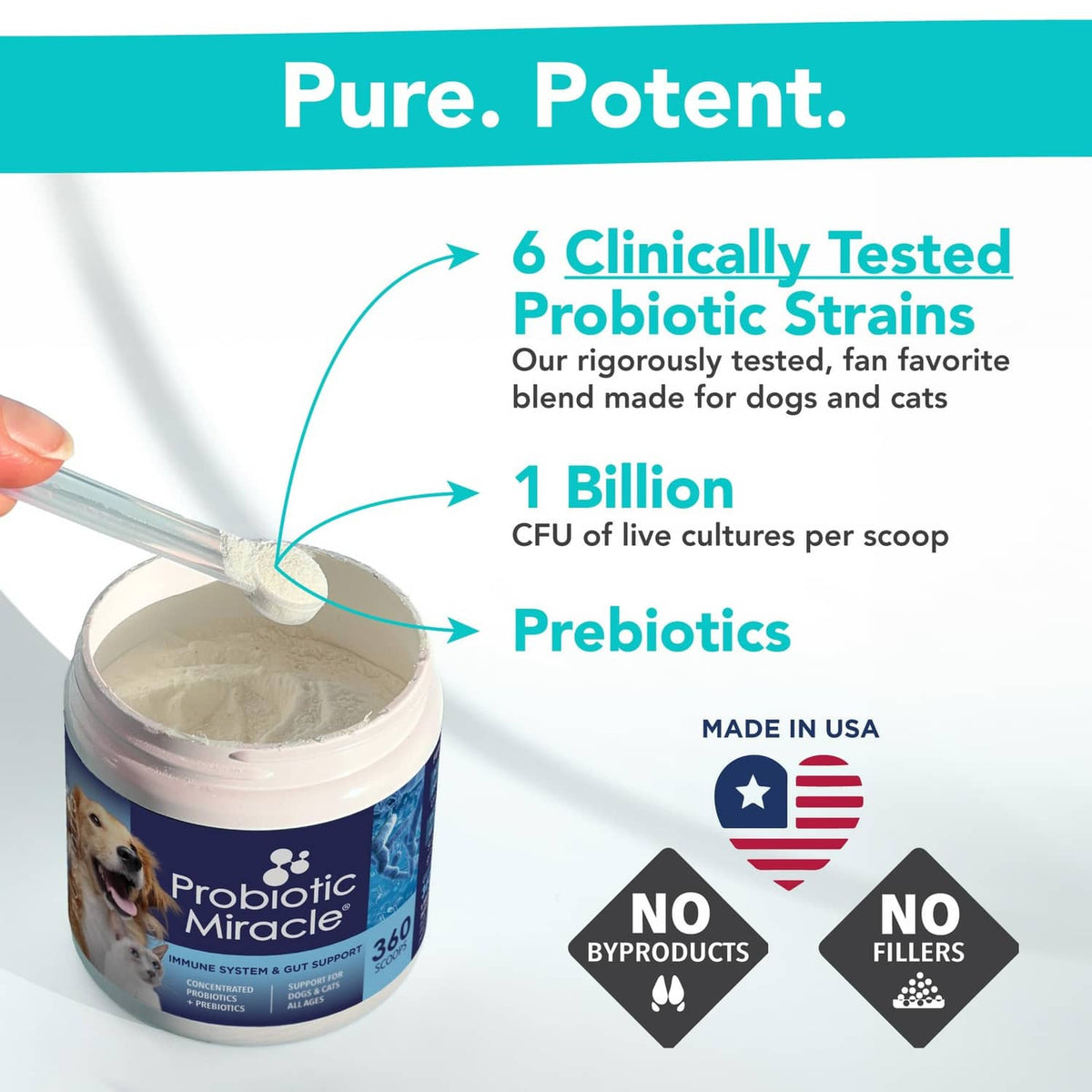 Probiotic Miracle jar with label showing clinically tested strains and prebiotics